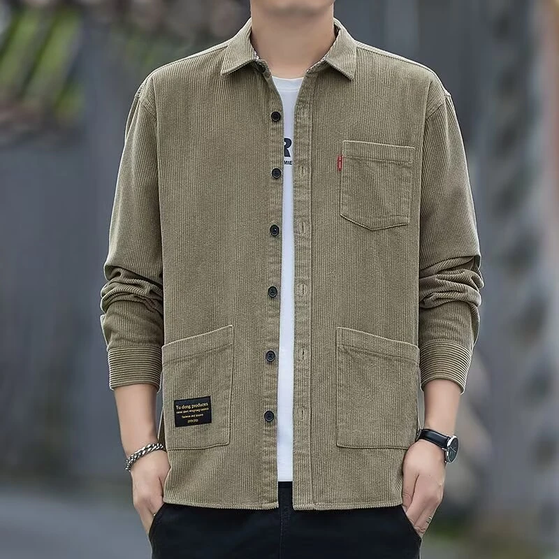 秋季免烫长袖男男士卡其工装灯芯绒衬衫春秋季韩版上衣休闲衬衣