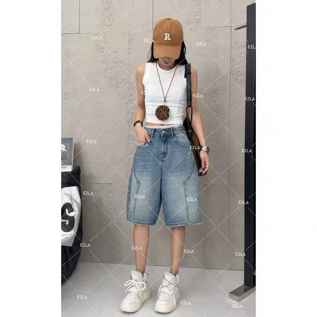 EZ8819-结构阔腿复古休闲牛仔五分裤洋气时髦中裤百搭