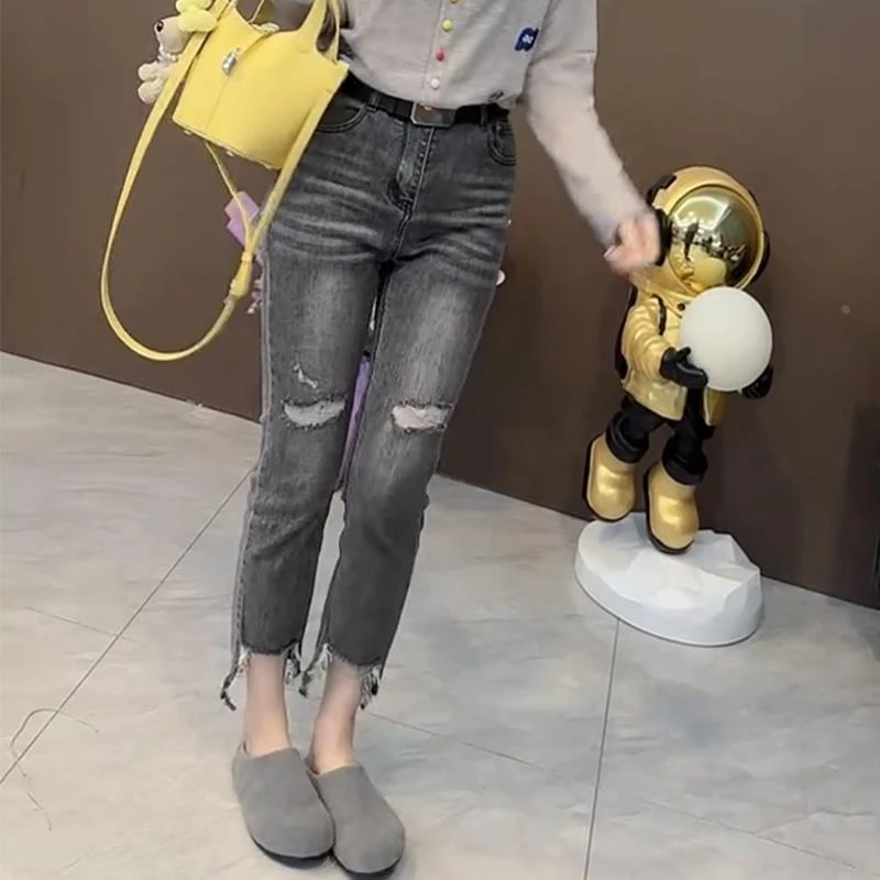大码女装2025夏季薄款高腰破洞灰色牛仔裤胖mm显瘦时尚直筒烟管裤