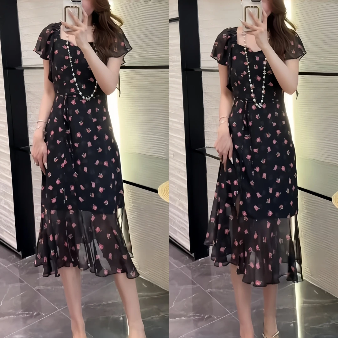 优雅气质碎花时尚显瘦连衣裙夏季新款收腰短袖减龄日常通勤中长裙