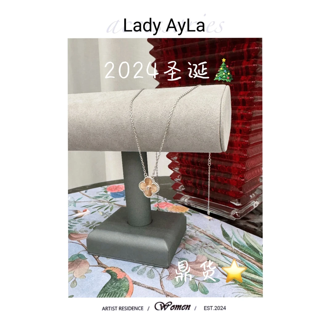 坠链均925银合成锆石 24圣诞镭射四叶花草项链AL804