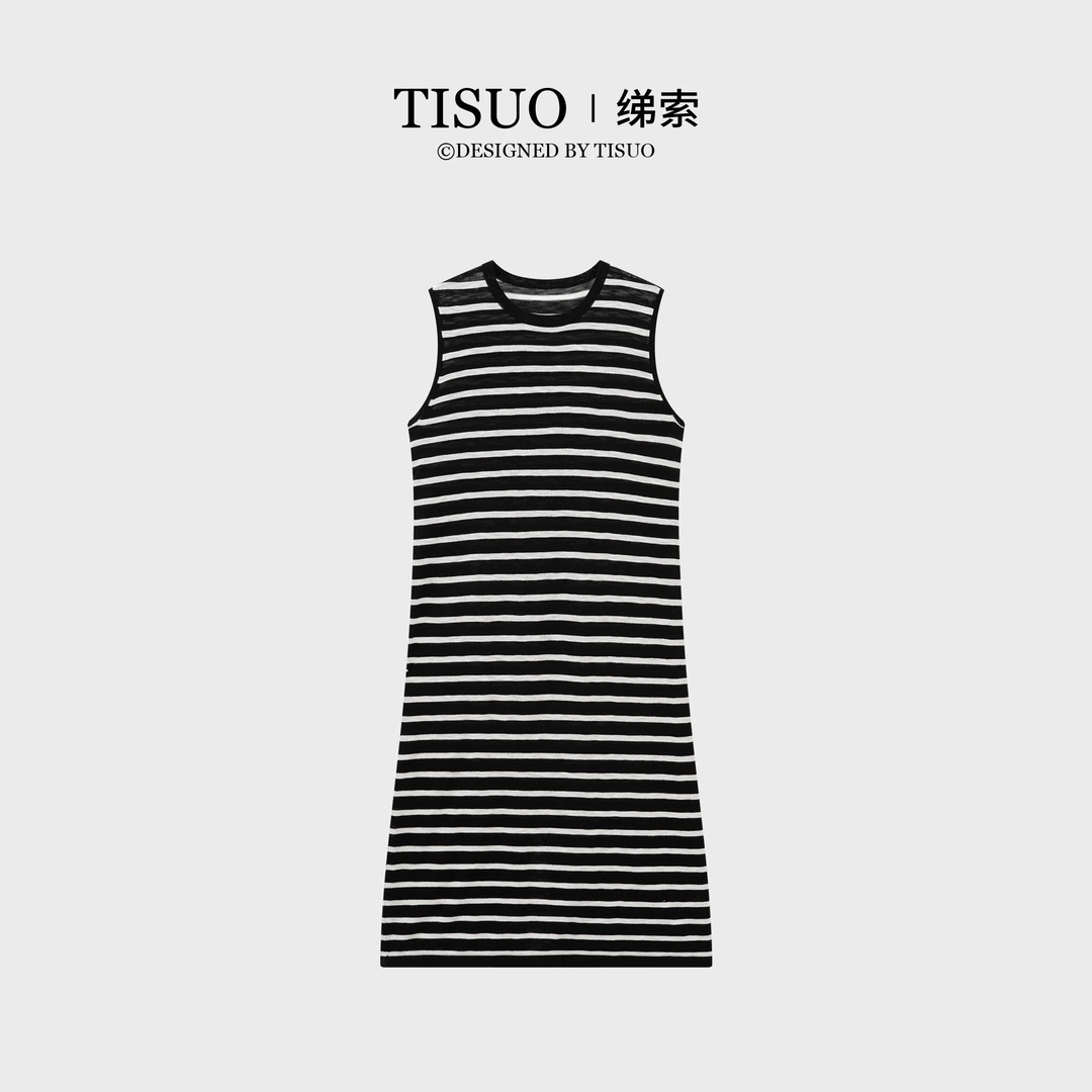 “线迹艺术”度假风竹节麻感无袖针织连衣裙TS545622