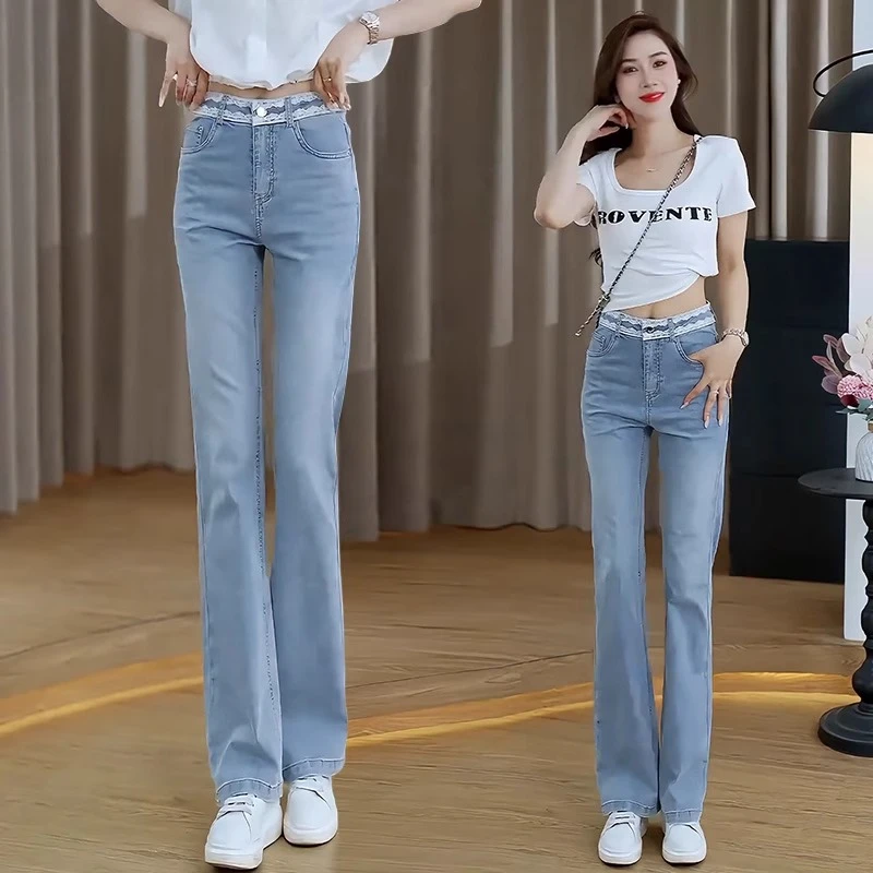 蕾丝拼接冰丝微喇牛仔裤女2025年夏季新款薄款柔软天丝浅色喇叭裤