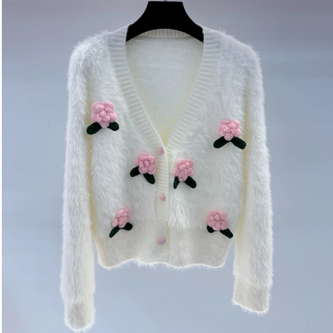 春秋新款绣花外穿针织甜美毛针织衫花朵宽松秋季女C1910