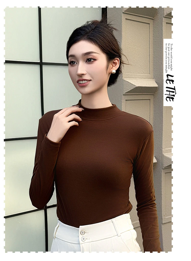 【发货快4】2025冬季女士小立领款双面磨毛针织保暖长袖百搭打底衫