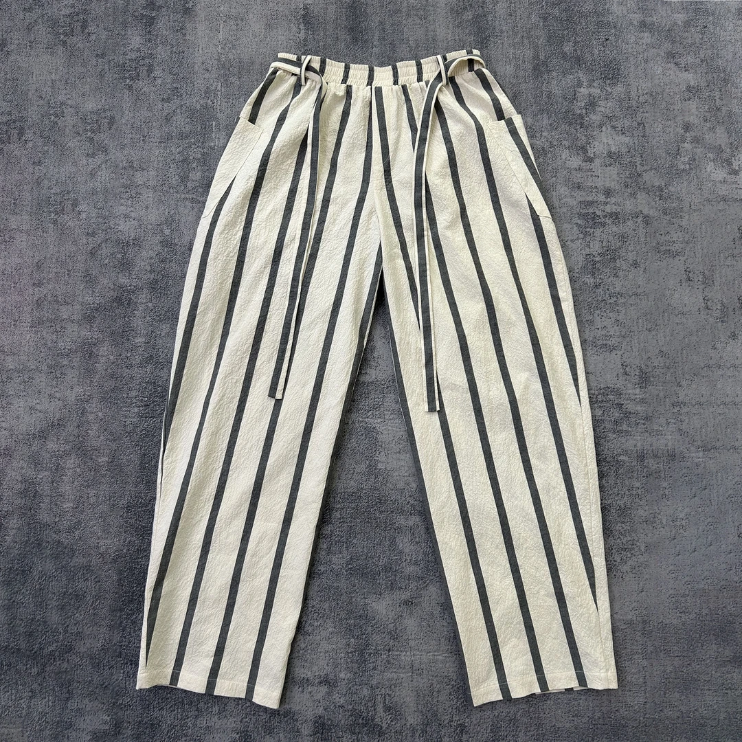 黑洞之眼 第12季 气质撞色条纹洗水褶皱肌理感 轻薄硬挺清爽长裤