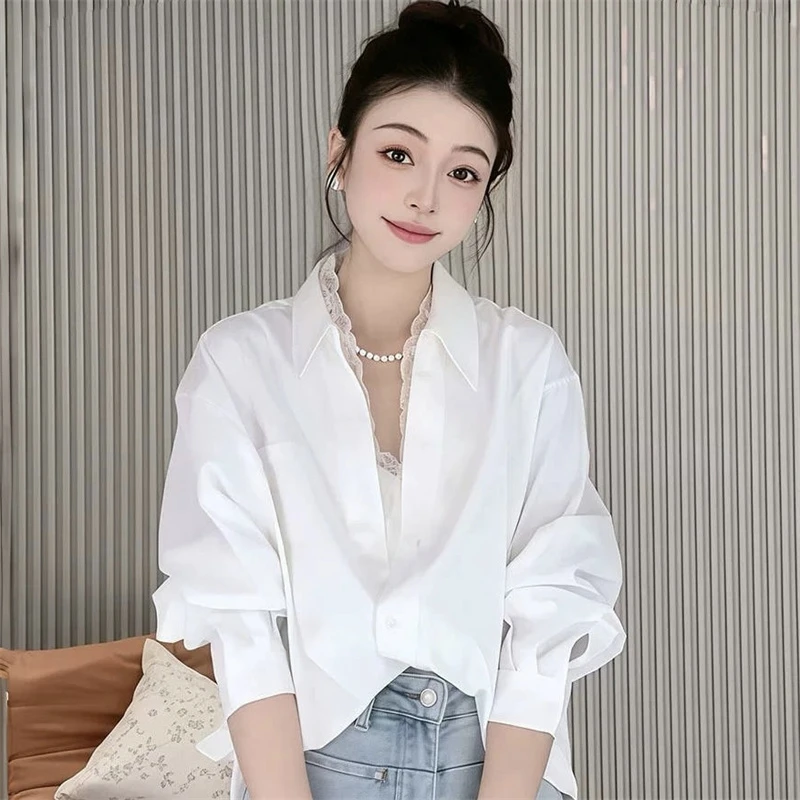 设计感法式蕾丝拼接白色衬衫女2025早春新品V领假两件宽松衬衣潮