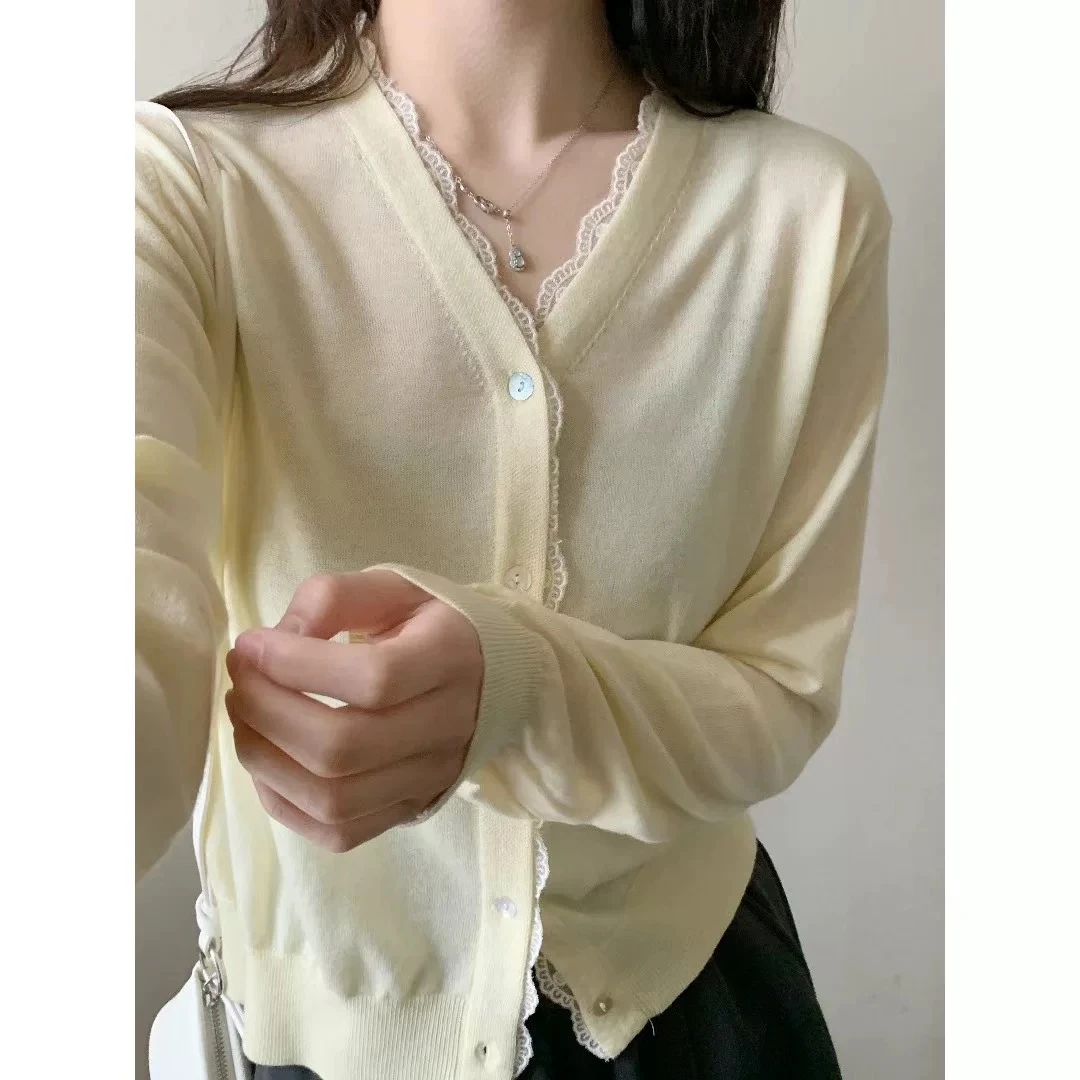 3052【蕾丝边V领小开衫】春季新品薄款抽条针织衫百搭女士上衣