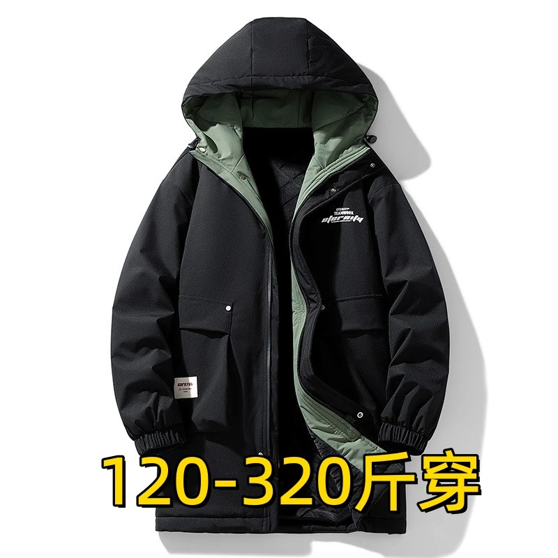 加肥加大码秋冬中长款加绒保暖棉服男士青年工装休闲加厚风衣外套