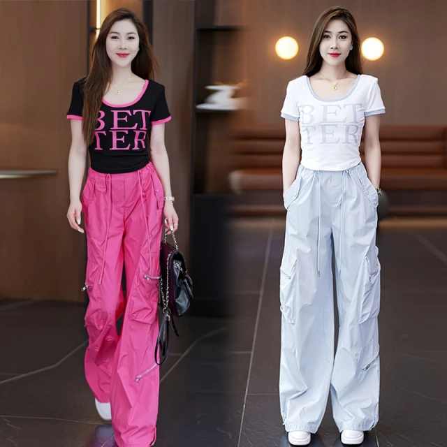 时尚工装裤套装女2025夏季新款运动休闲字母印花短袖阔腿裤两件套