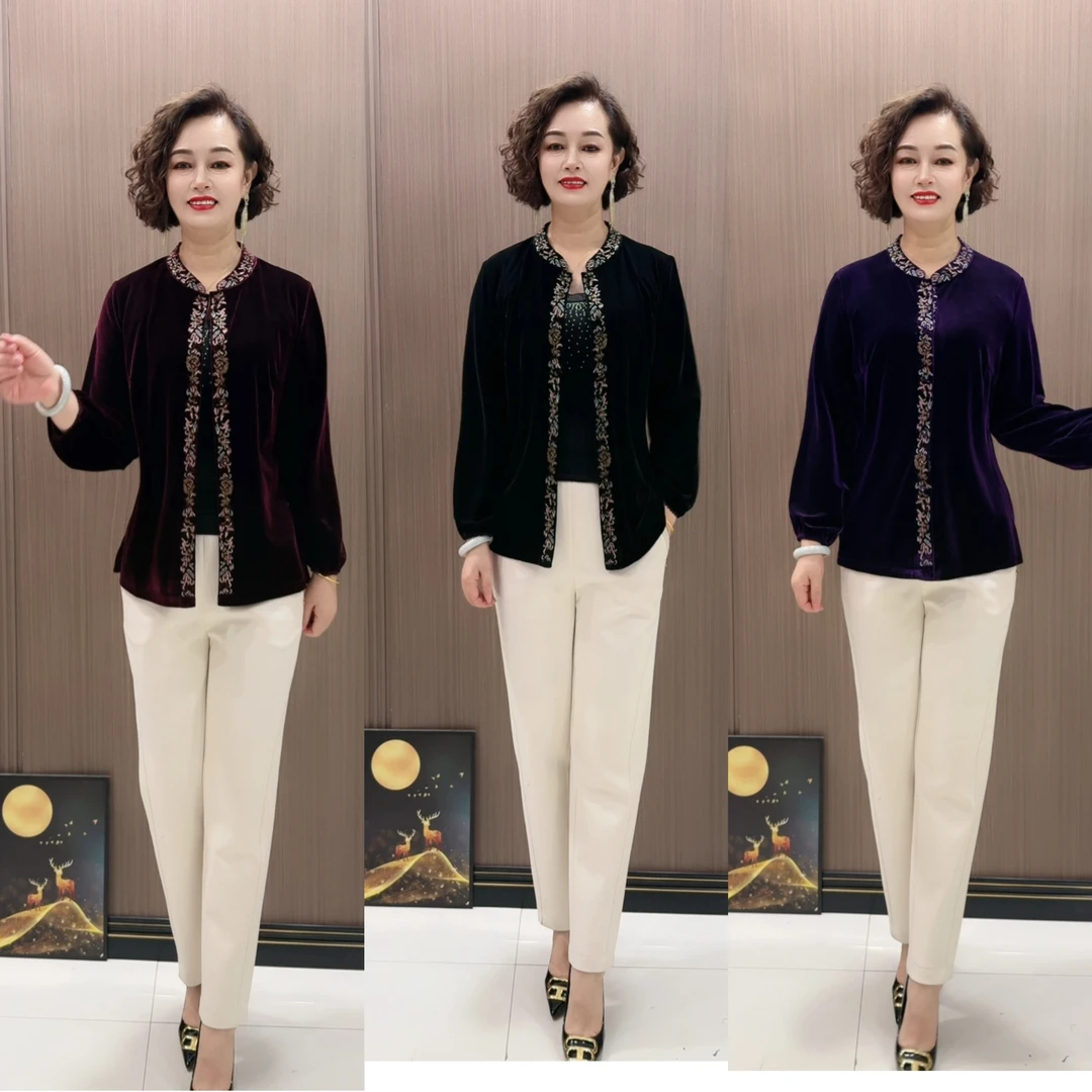 时尚立领宽松百搭开衫气质洋气绣花丝绒衬衫上衣