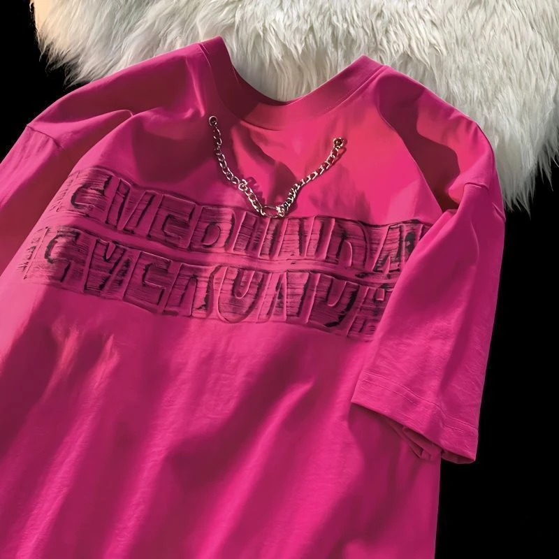 夏季法式胖mm玫红色潮牌t恤项链短袖男女网红特大码300斤情侣上衣