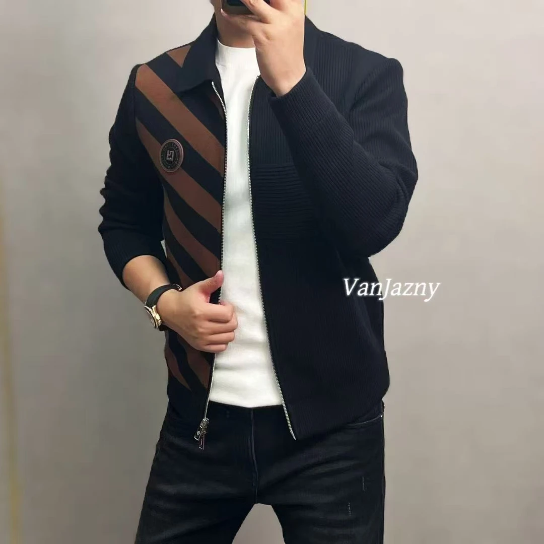 【VanJazny】新款高端男士翻领条纹几何图案针织拼接夹克121-1
