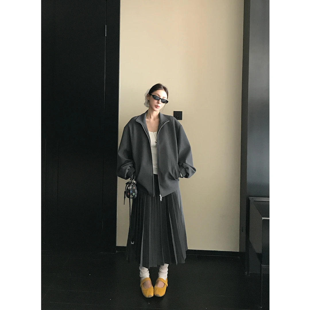 SKKSkk Store 高街领域 简约立领拉链外套女休闲夹克半身裙套装