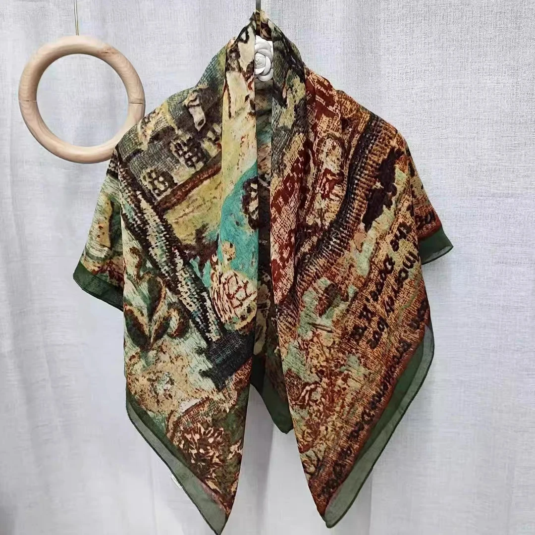 R04【远航图】110*110 优雅百搭防晒大方巾时尚气质女士丝巾9月