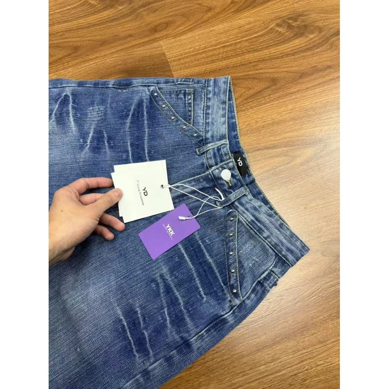 9008 美式复古水洗铆钉直筒牛仔裤男女潮做旧烫钻宽松休闲裤子