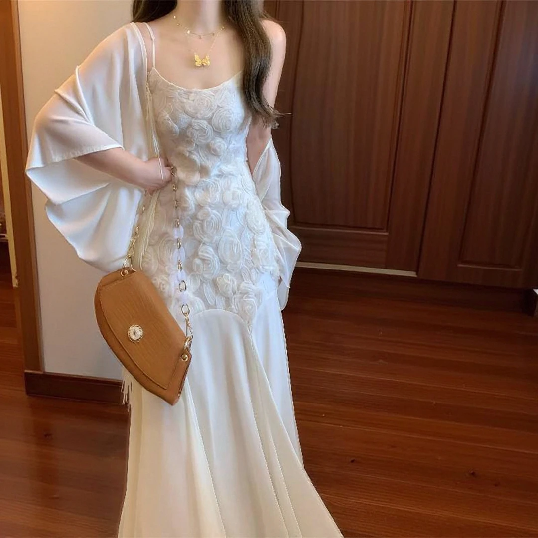 新中式国风立体玫瑰盘绣吊带连衣裙鱼尾长裙搭配防晒开衫两件套女