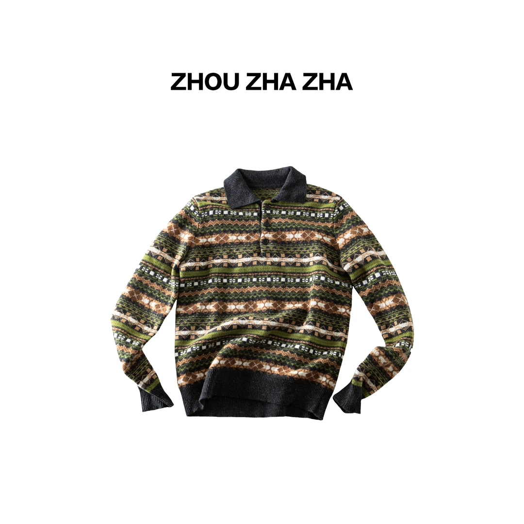 【周炸炸】全羊毛 复古英伦费尔岛提花翻领针织毛衣#250930