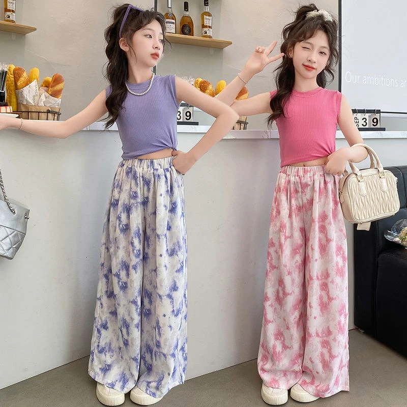 女童无袖套装新款韩版女孩甜美洋气背心中大童装碎花阔腿裤两件套