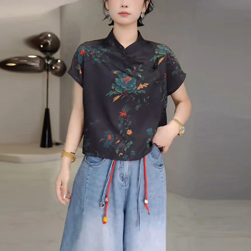 新中式气质复古黑色短袖衬衫女夏季新款国风设计感减龄t恤衫上衣