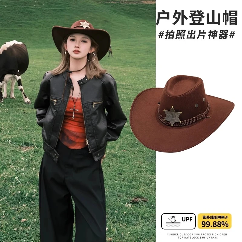 大头围西部牛仔帽子女夏季防晒大檐显脸小骑士帽复古川西旅游穿搭