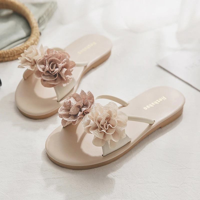 2025年花朵仙女风防滑平底网红一字拖优雅蝴蝶结度假拖鞋外穿时尚