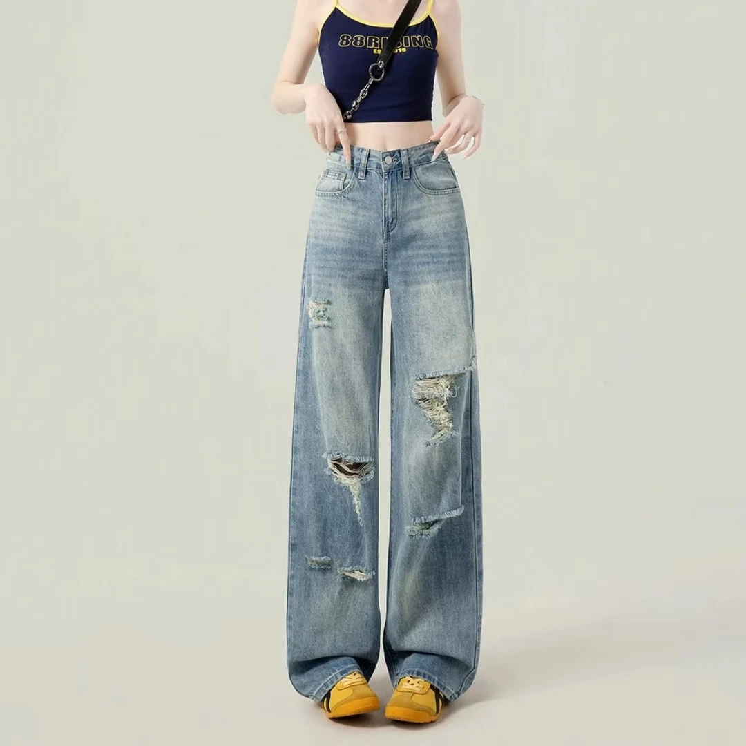 浅蓝破洞阔腿牛仔裤女2026夏季薄款小众女款高腰显瘦宽松拖地裤子
