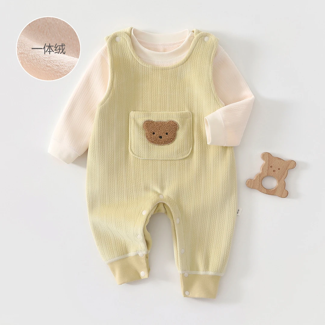 婴儿连体衣秋冬季保暖加绒背带套装春秋新生儿宝宝外出衣加厚冬装