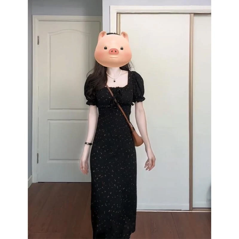 连衣裙女2025夏季新款法式气质方领泡泡袖收腰系带中长款碎花裙子