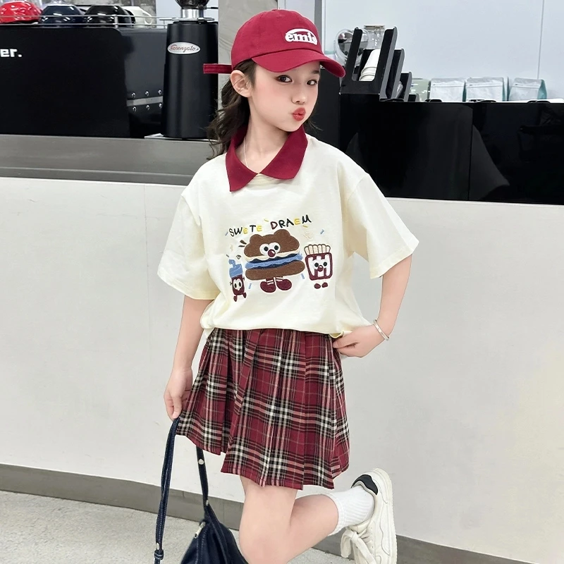 女童裙子套装夏季2025新款洋气儿童学院风短袖百褶裙两件套裙大童