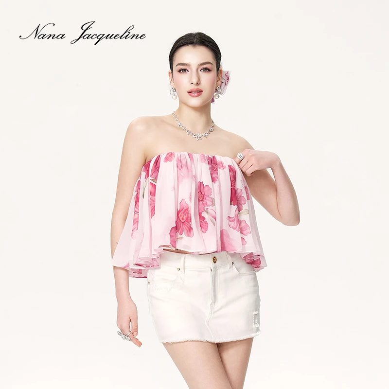 NanaJacqueline2025早秋新款印花抽褶松紧口抹胸上衣女独特设计感