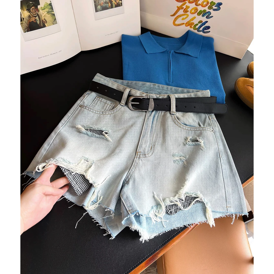 美式复古牛仔短裤女2025夏季新款薄款高腰a字短裤辣妹热裤7539  W