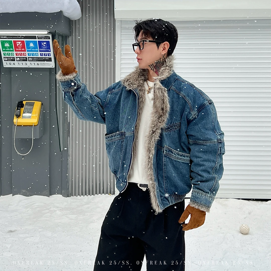 OXFREAK「裁片拼接 座山雕」水洗复古毛领牛仔棉服短款飞行员外套