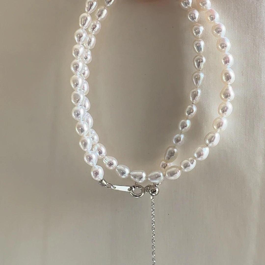 淡水珍珠颈饰银S925镶嵌S****甜4-5mm极光米珠