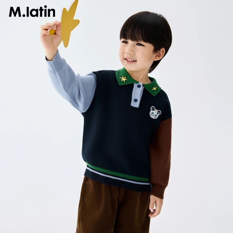 马拉丁童装儿童毛衣25冬装新款男大小童可爱熊猫织标翻领毛衣