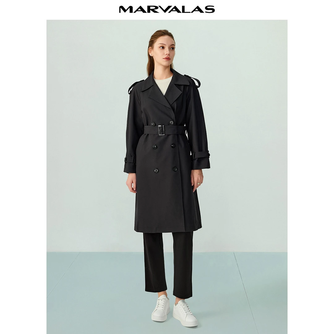 【九月专属】时尚双排扣中长款风衣秋款女装百搭显瘦腰带收腰外套