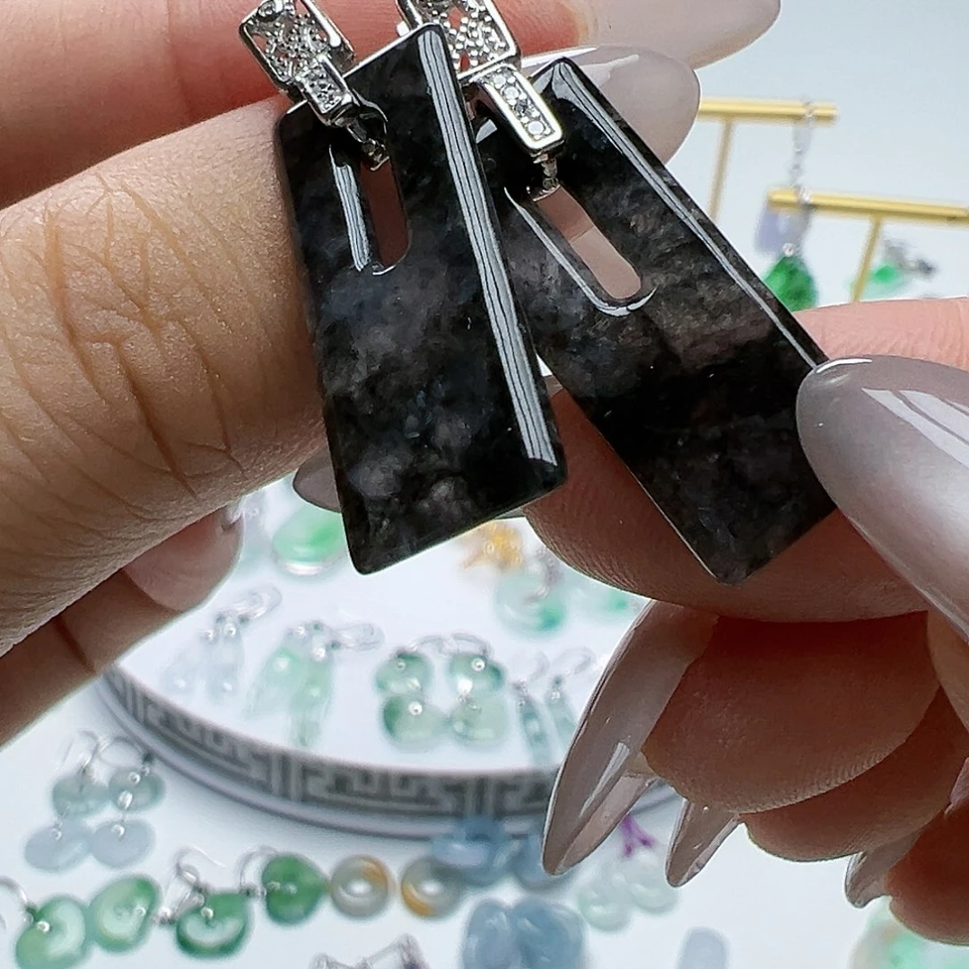 银S925镶嵌翡翠耳饰天然缅甸A货翡翠