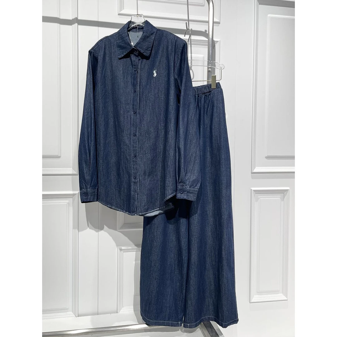 大码港风牛仔衬衫高腰拖地阔腿裤女秋季宽松休闲加宽