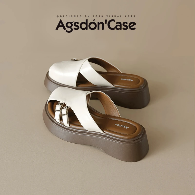 ~奥古狮登厚底拖鞋女夏外穿2025新款包头半拖镂空露趾罗马凉拖鞋W