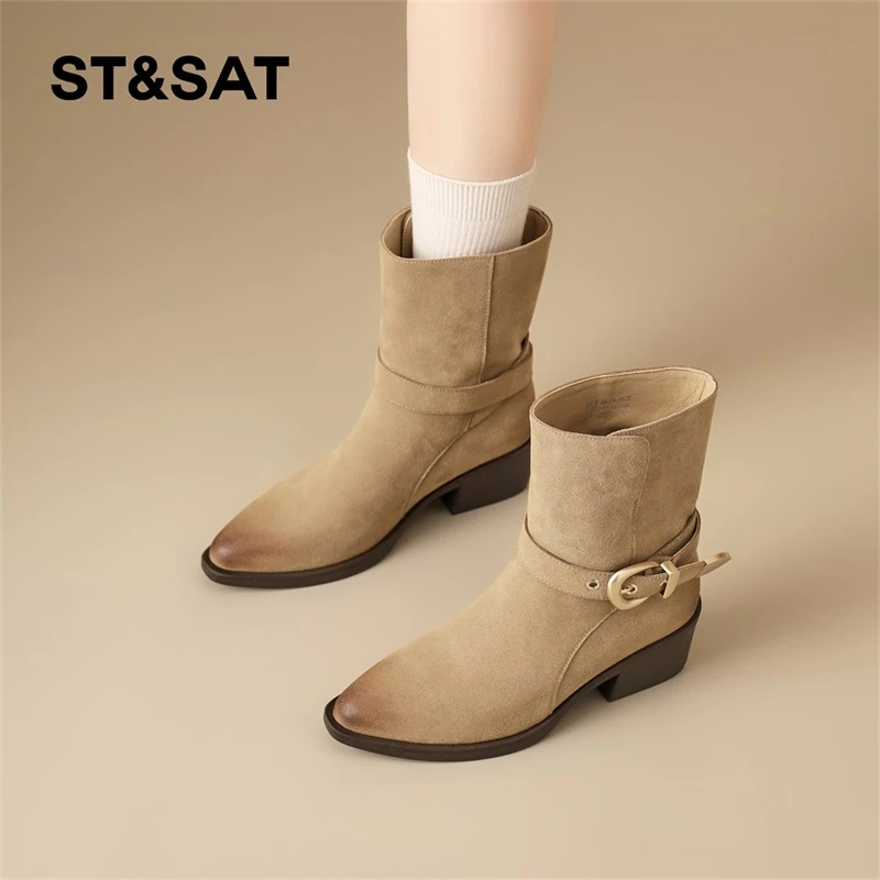 星期六复古擦色西部牛仔靴女2025新款秋冬季粗跟短靴子百搭马丁靴