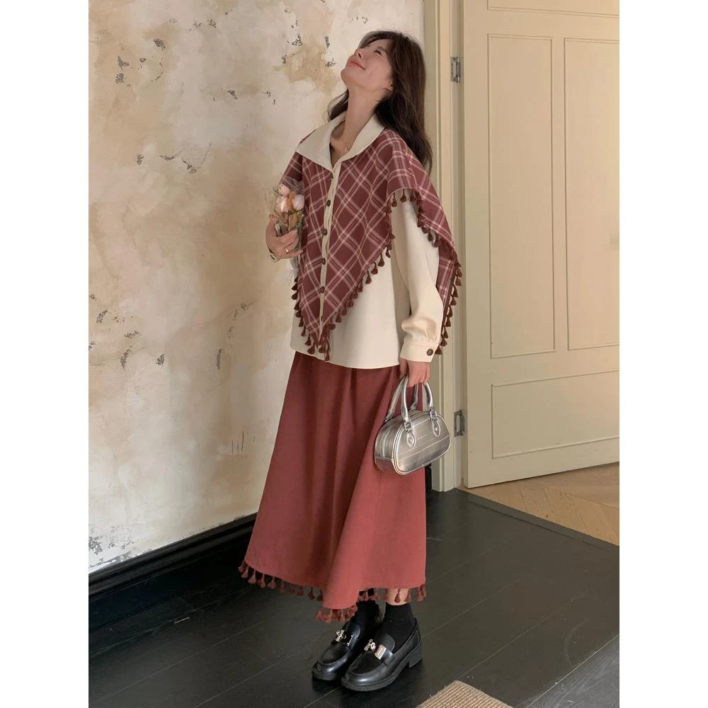 韩系不规则披肩衬衫套装裙女2025春秋学院风宽松显瘦半身裙两件套