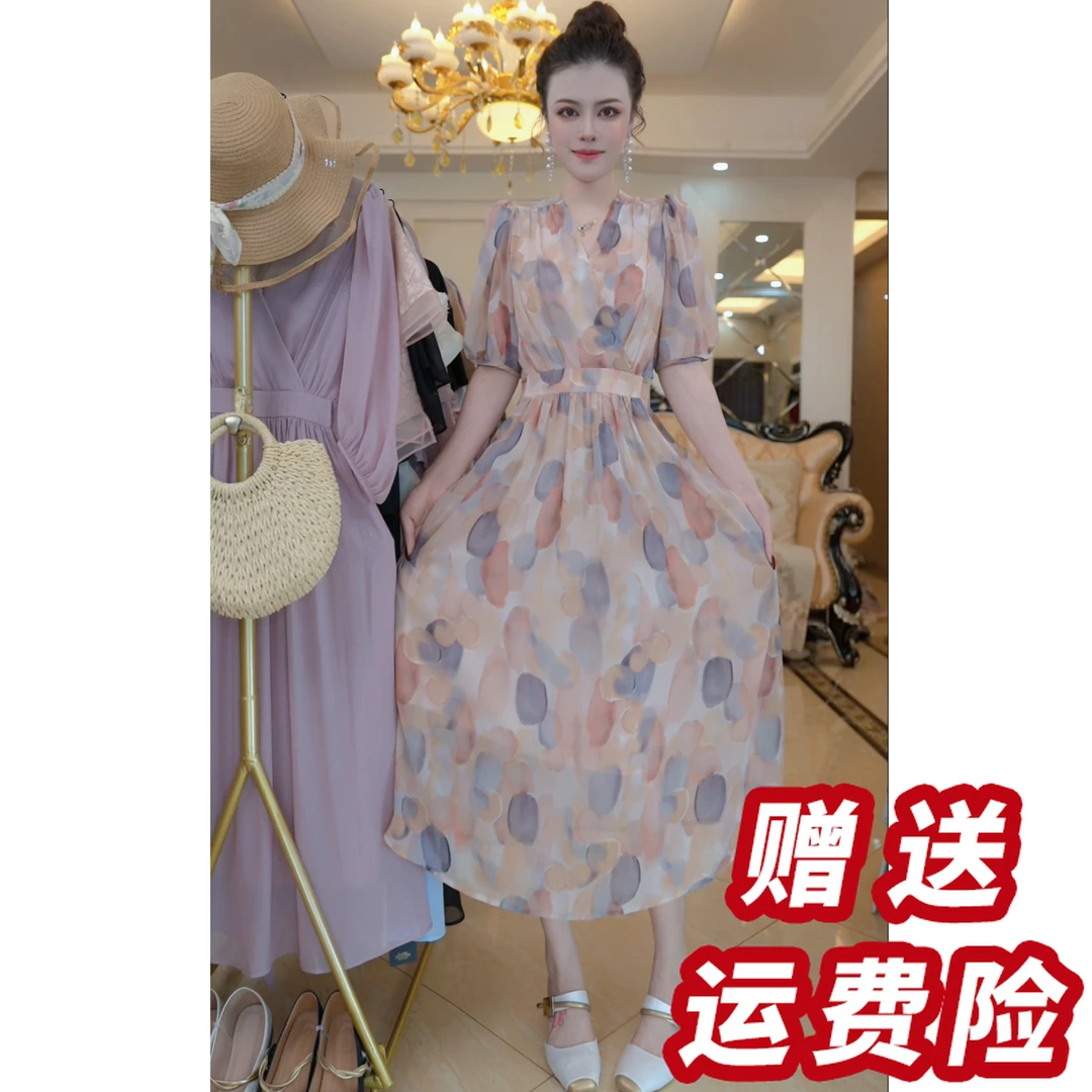 法式波点短袖连衣裙女收腰显瘦长裙2025季新款D5092