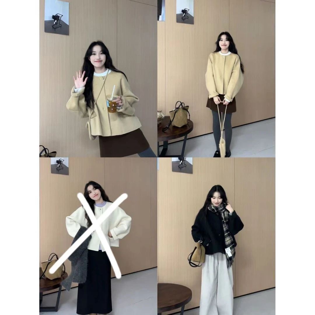 86556#『山羊绒+超细羊毛』好韩好温柔气质手工双面外套(配包包)