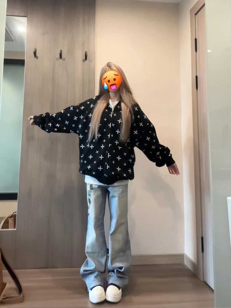 美式高街十字满印开衫卫衣外套女2025春秋新款设计感宽松连帽上衣