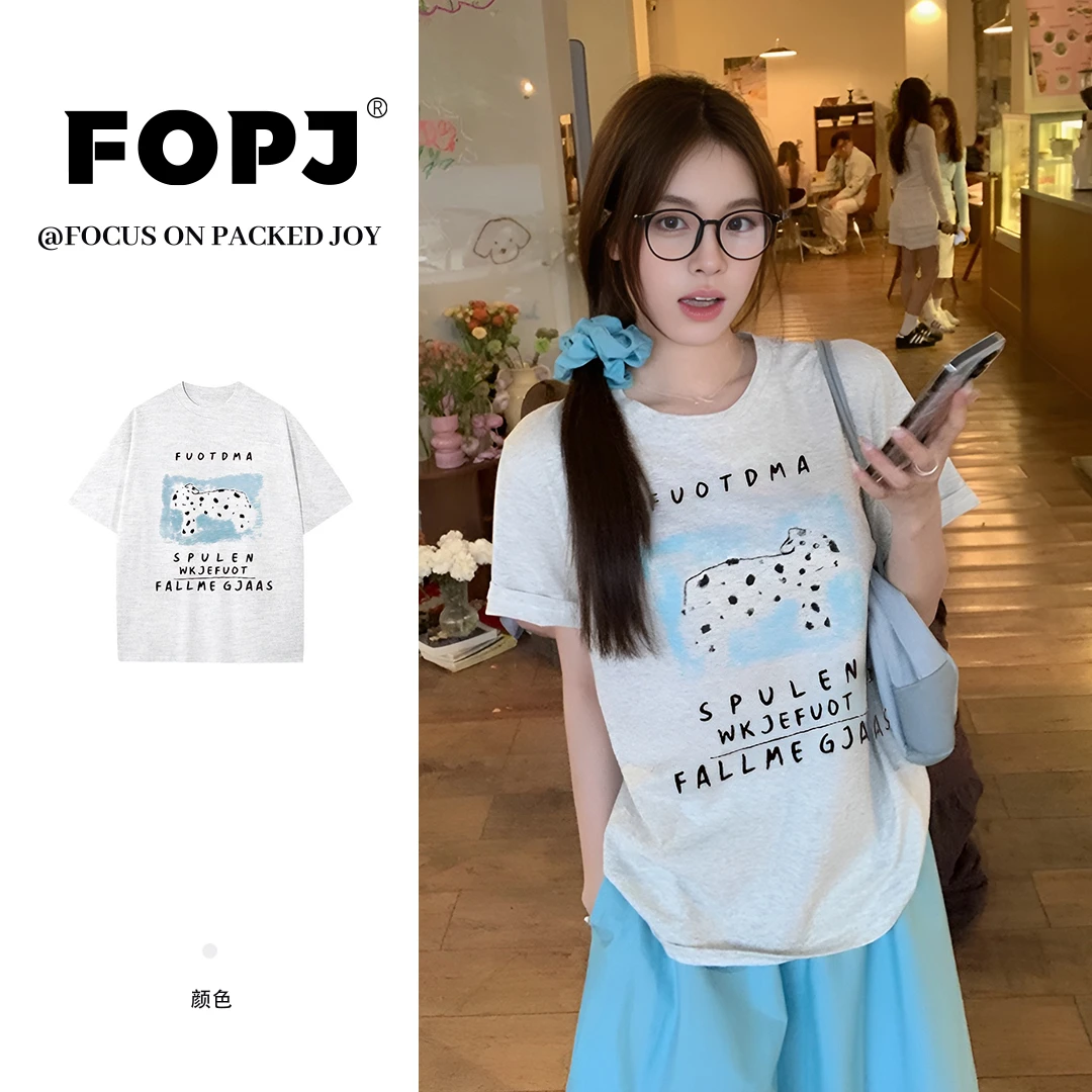FOPJ韩系纯棉设计感小狗印花短袖T恤女夏季宽松学院风休闲ins上衣