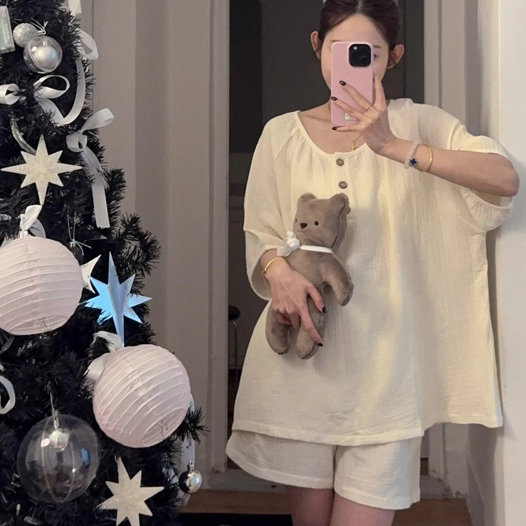 A类棉睡衣女夏季简约纯色薄款夏天棉麻全棉布薄款奶系家居服套装