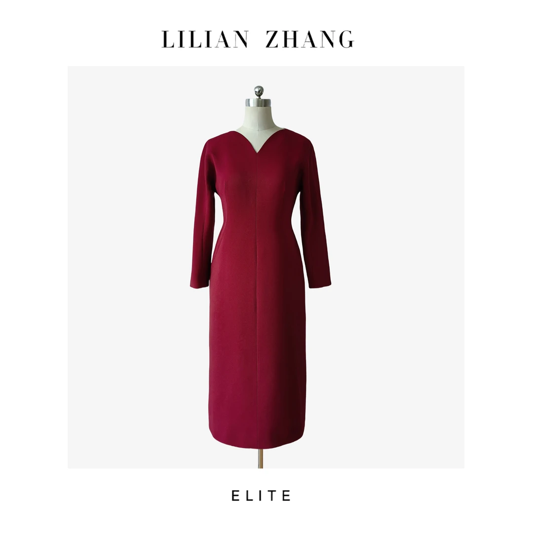 E-“定制”—「法式复古」Lady挚爱新年红花苞领长袖连衣裙 2401182