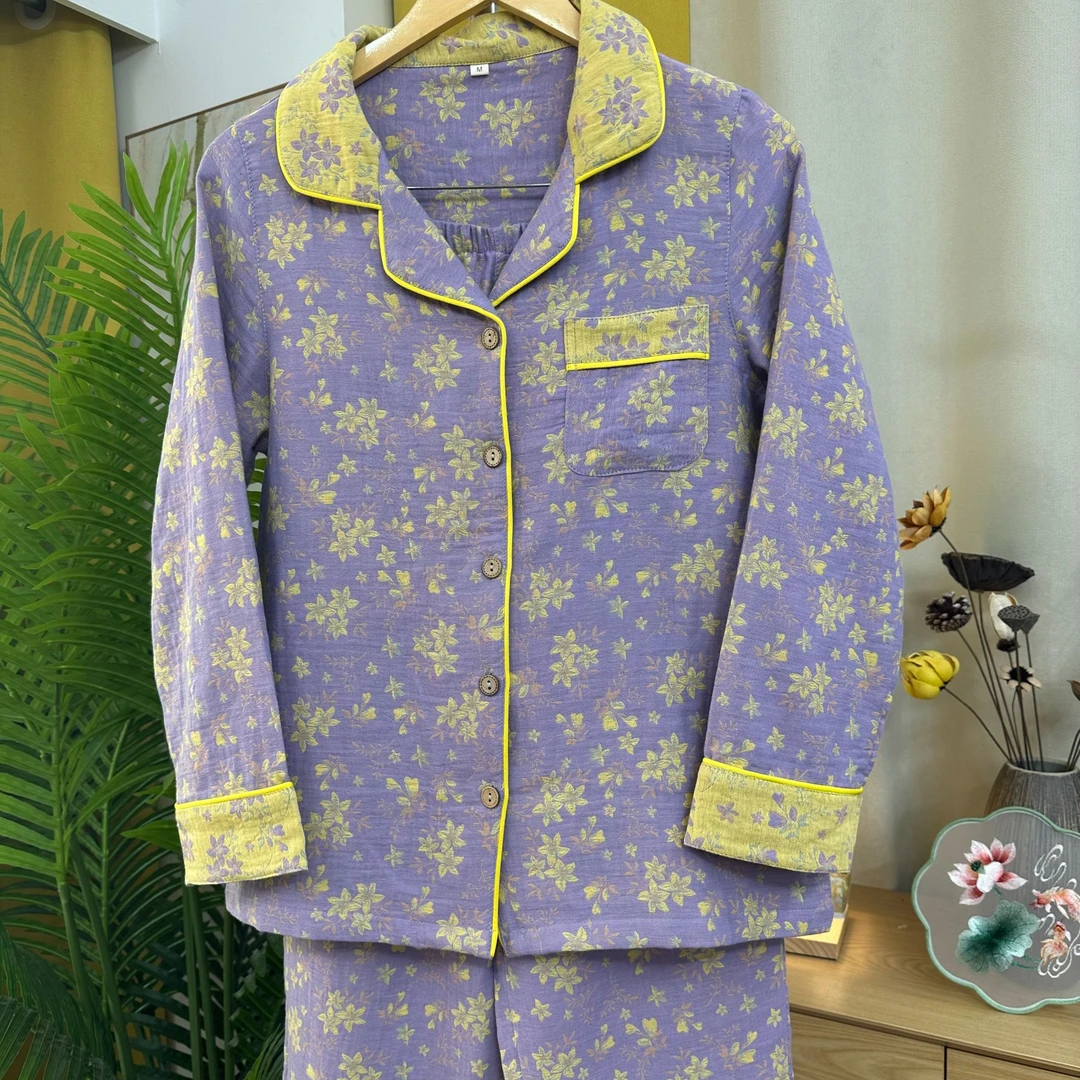 2025新款紫花-100%全棉双层纱梭织提花睡衣套装