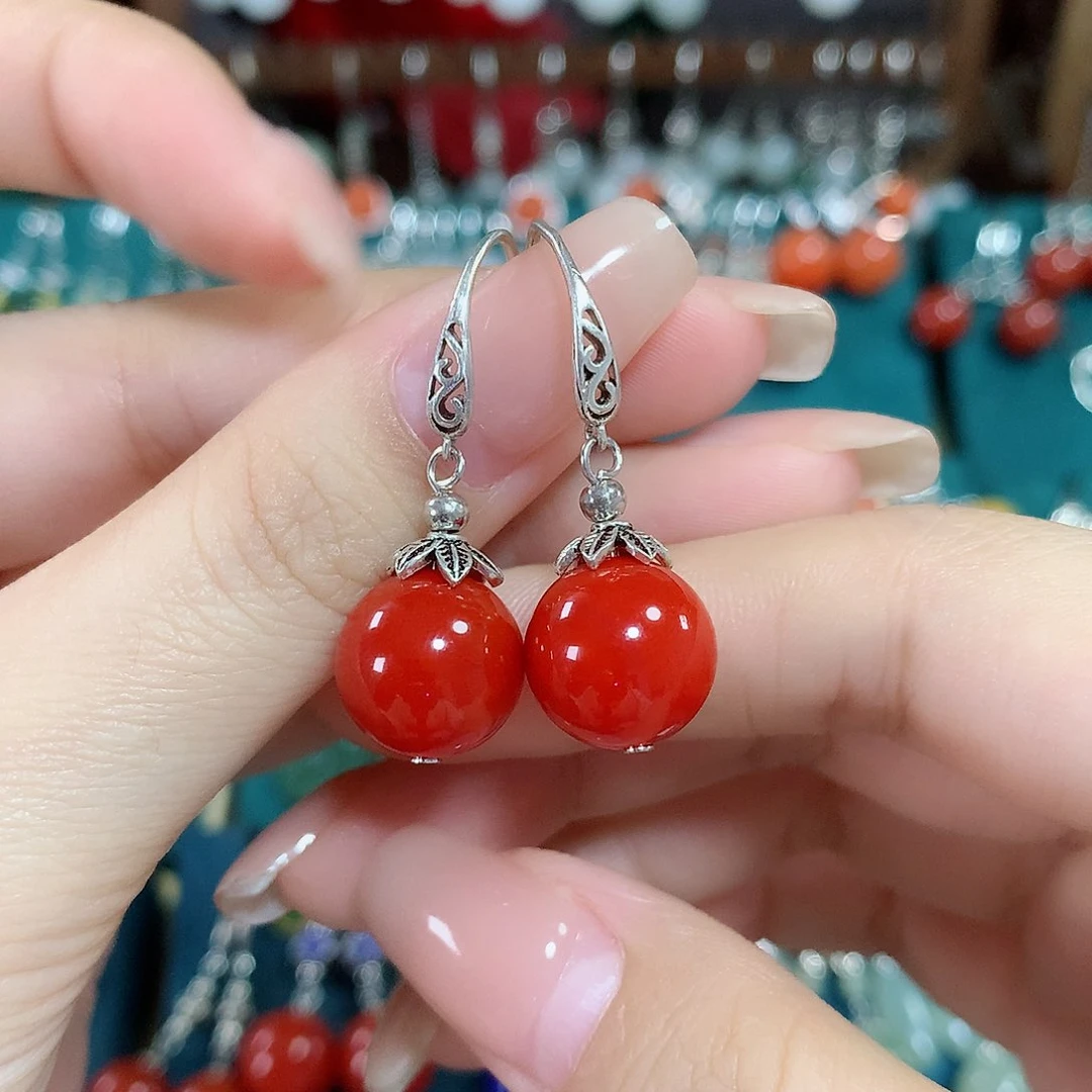 玛瑙/玉髓耳饰银S925镶嵌天然红玛瑙12mm左右（锦红）