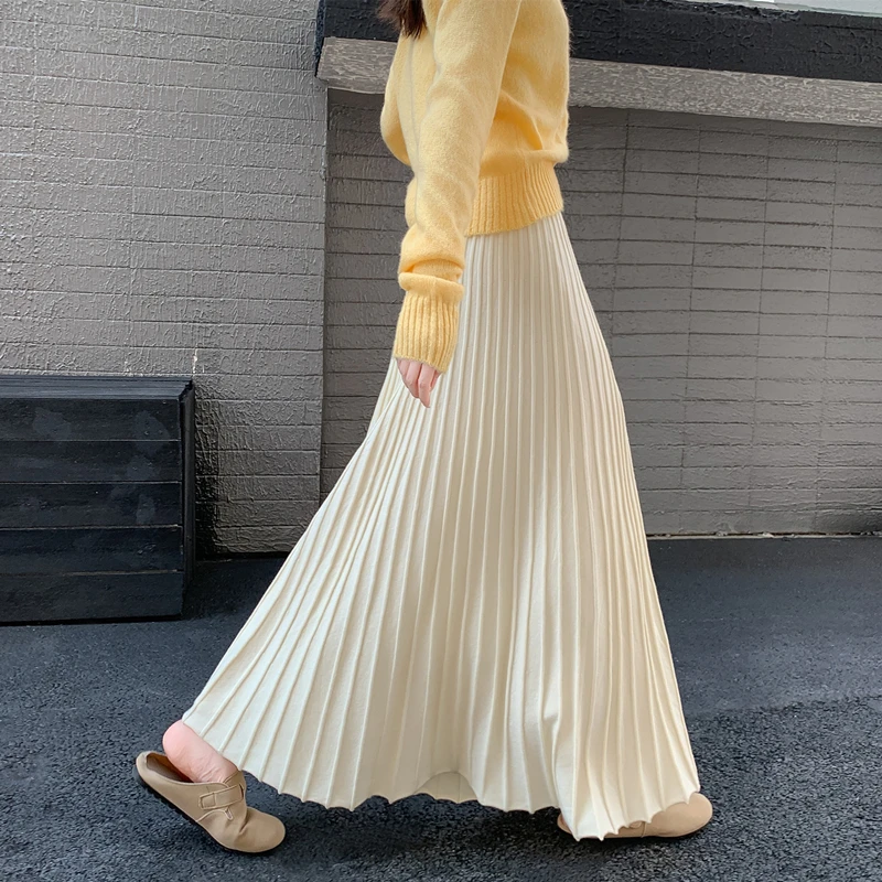 针织长款百褶裙2025秋冬大摆裙加厚显瘦女遮胯长裙高腰a字半身裙